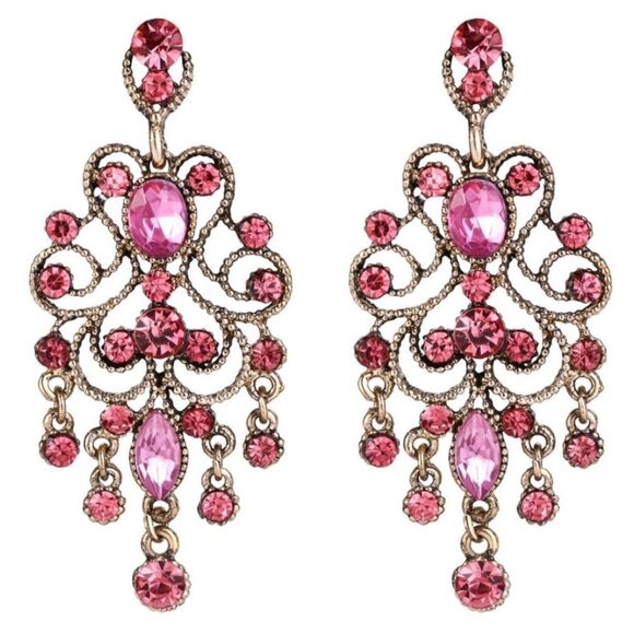 Yellow Gold with Pink Sapphire Austrian Crystal Banquet Chandelier Post Earrings - Picture 1 of 5
